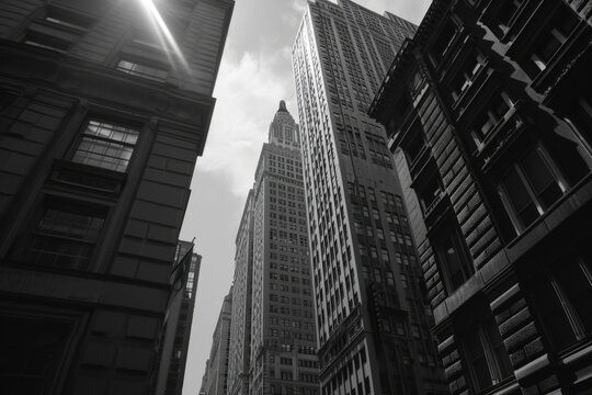 A black and white photo of a tall building. Suitable for architectural and urban themes