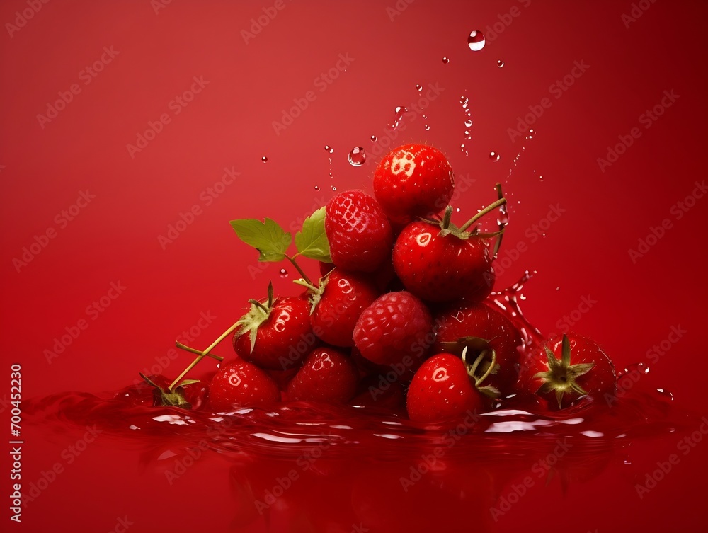 Poster Generative AI : strawberries berries cherry floating on background
