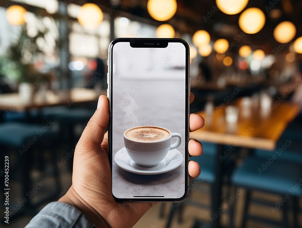 Poster generative ai : close-up image of a woman sitting in the cafe and using her smartphone
