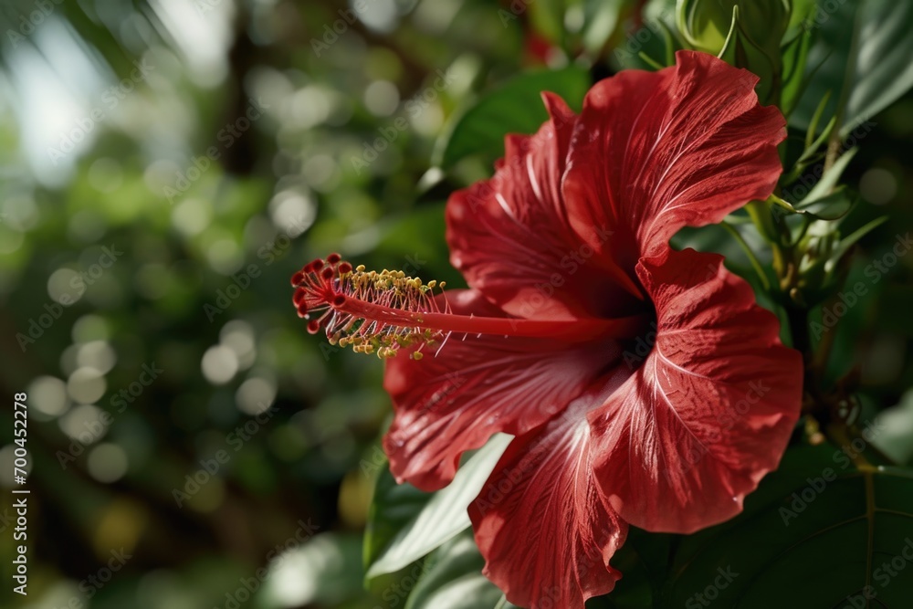 Poster A close-up view of a vibrant red flower with lush green leaves. Perfect for adding a pop of color to any project or design