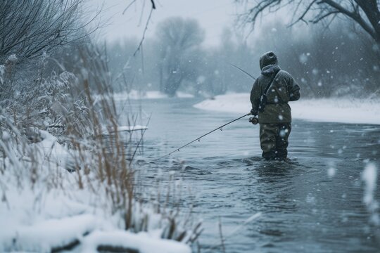 A man standing in the water with a fishing rod. Can be used to depict recreational fishing or peaceful outdoor activities