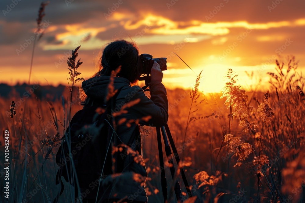 Poster A person capturing a beautiful sunset with a camera. This image can be used to showcase the beauty of nature and the joy of photography