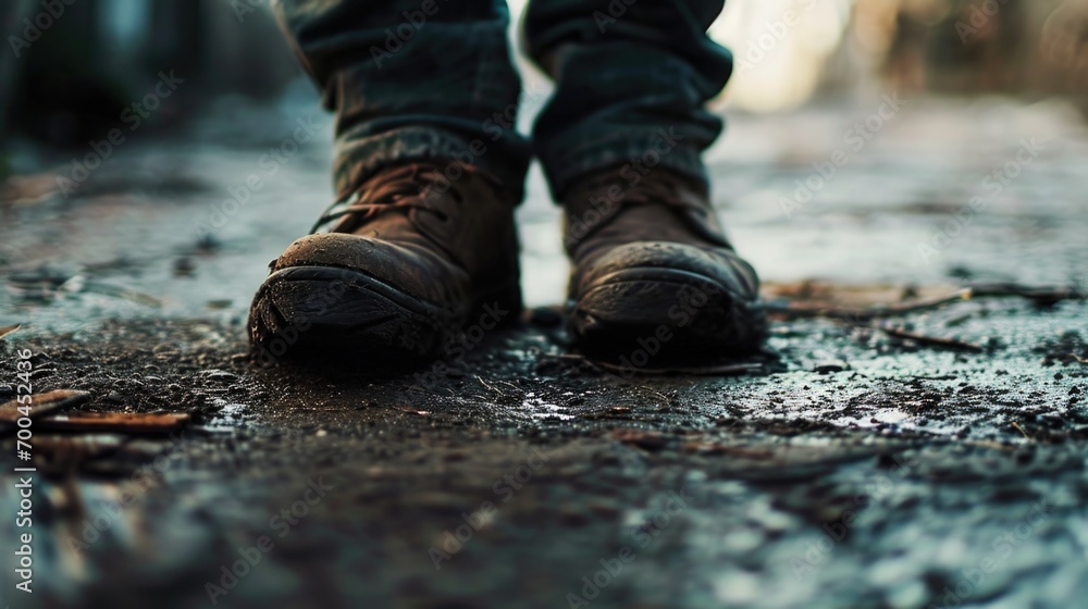 Poster close up of a person's shoes on a wet surface. can be used to depict rain or wet conditions