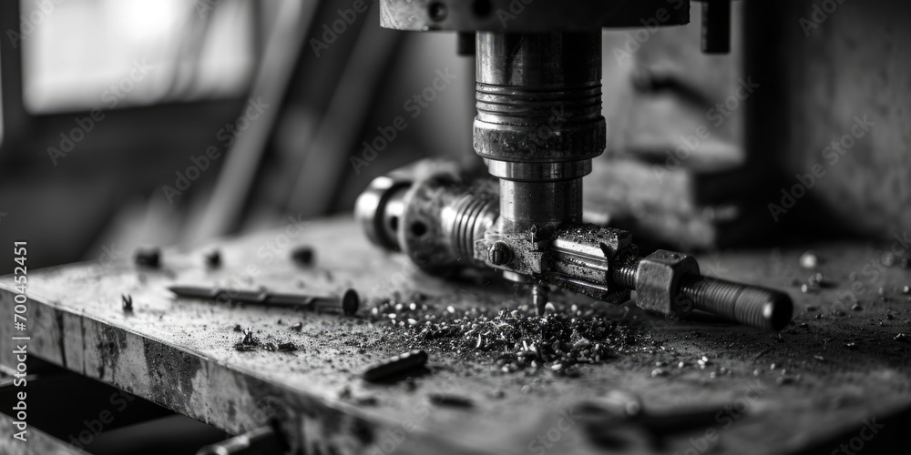 Poster a detailed close-up shot of a drill attached to a machine. this image can be used to showcase indust