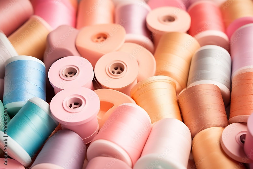 Poster generative ai : photographed abstract sweing thread spools background