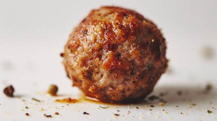 A close-up view of a meatball on a plate. Perfect for food-related projects and culinary themes
