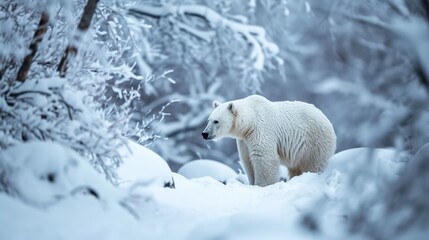 Polar bear in a winter wonderland: Animal photography highlighting the bear in its habitat.
 - obrazy, fototapety, plakaty