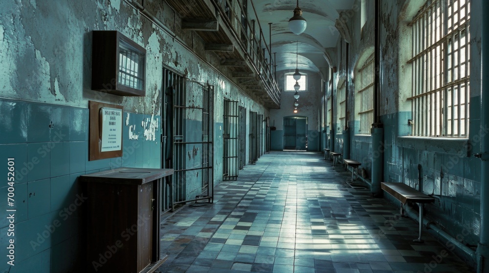 Poster a hallway in a building with a checkered floor. suitable for architectural designs and interior conc