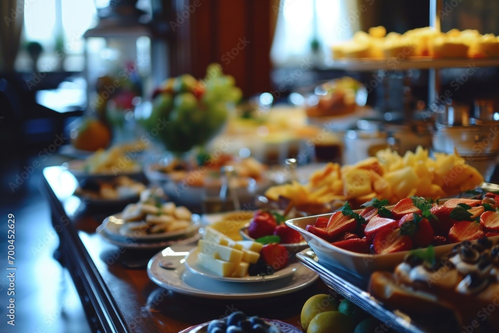Poster a diverse selection of delicious food displayed on a buffet table. perfect for catering events or fo