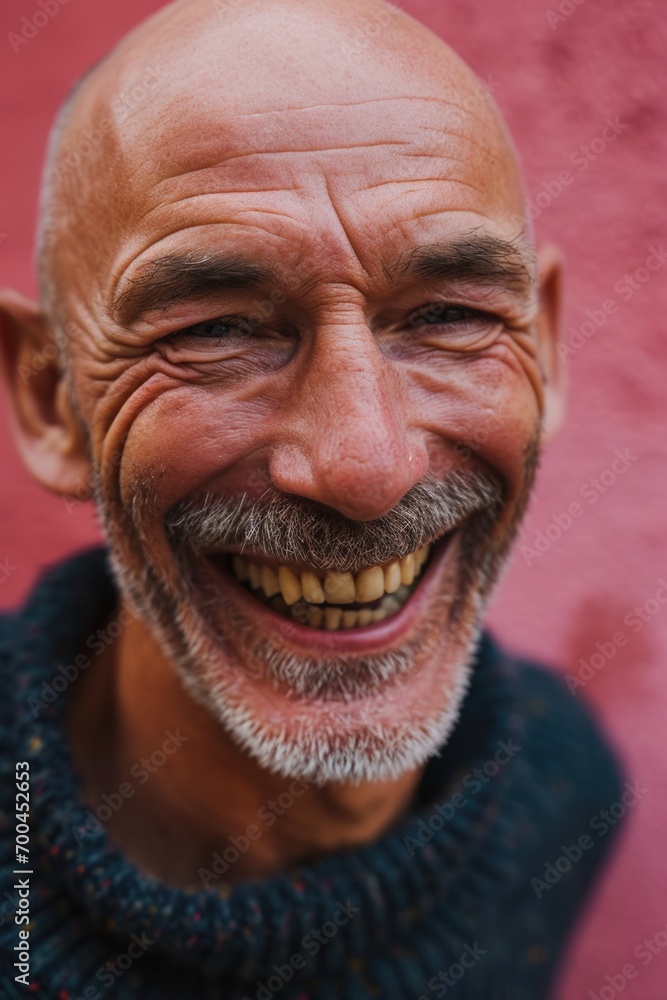Poster an older man with a beard smiling for the camera. suitable for various uses
