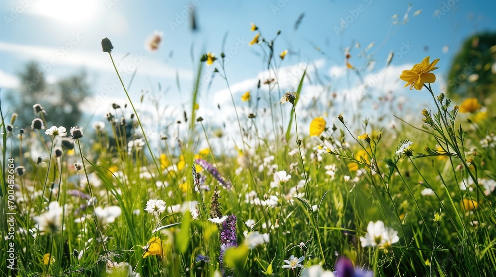 Poster a beautiful field full of colorful wildflowers with a clear blue sky in the background. perfect for 