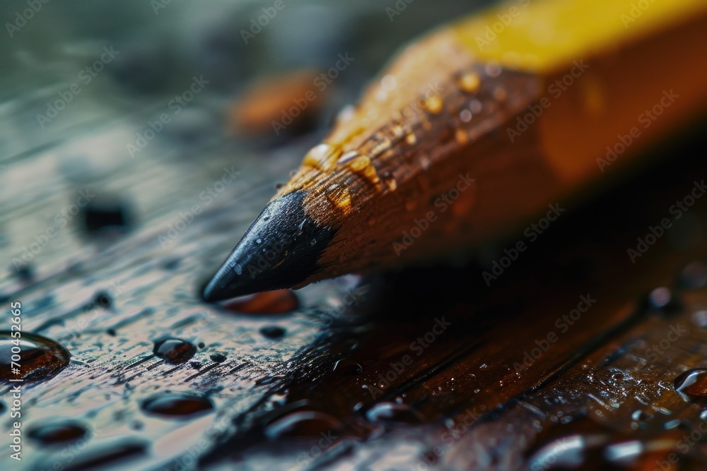 Poster a detailed close-up image of a pencil with water droplets on its surface. this versatile picture can