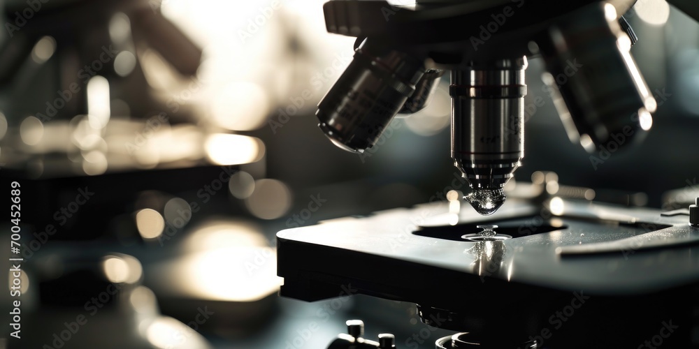 Aufkleber a detailed view of a microscope placed on a table. suitable for scientific research and laboratory t