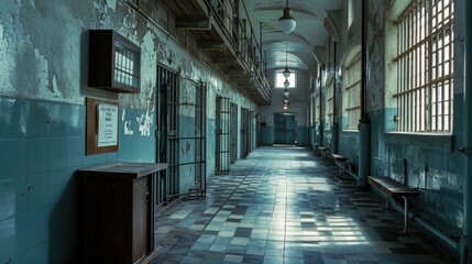 Fototapeta premium A hallway in a building with a checkered floor. Suitable for architectural designs and interior concepts