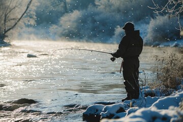 A man fishing in a river covered in snow. Suitable for winter outdoor activities - obrazy, fototapety, plakaty