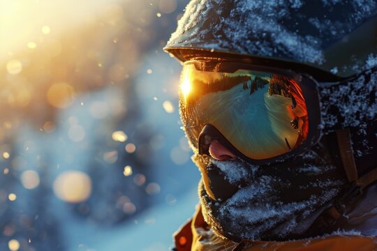 A man is pictured wearing a ski mask and goggles in the snowy outdoors. This image can be used to portray winter sports, adventure, or outdoor activities