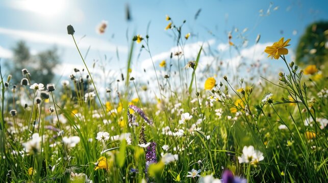 A beautiful field full of colorful wildflowers with a clear blue sky in the background. Perfect for adding a touch of nature and beauty to any project © Vladimir Polikarpov