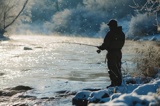 A man fishing in a river covered in snow. Suitable for winter outdoor activities