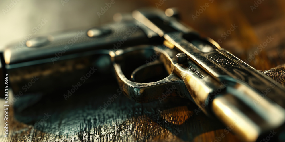 Poster a close up view of a gun placed on a table. this image can be used to depict themes related to crime