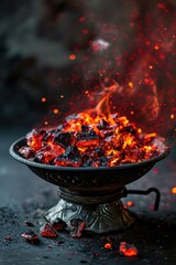 A metal bowl filled with red hot coal. Versatile image for various uses