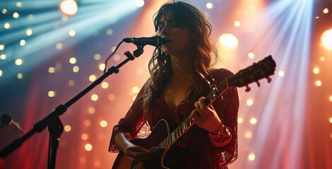 A female singer performing on stage with her guitar. Generative AI.