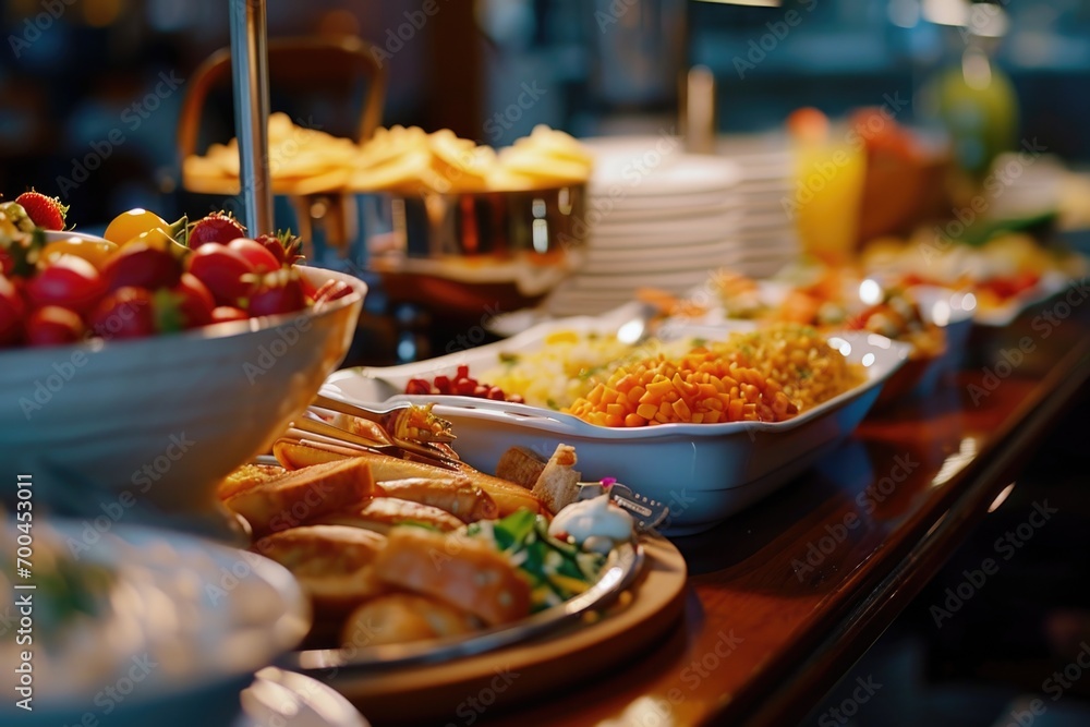 Poster a wooden table adorned with an array of delicious food. perfect for showcasing a feast or mealtime g
