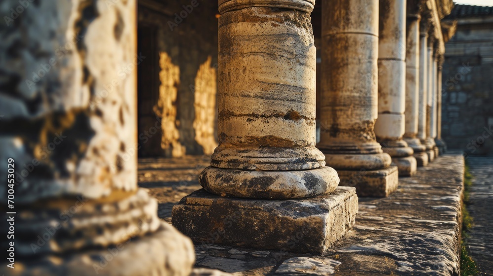 Poster A row of stone pillars lined up next to each other. Can be used to depict strength, stability, or architectural elements in various projects
