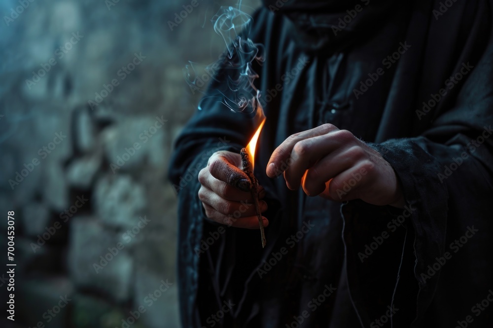 Poster A person dressed in a black robe holding a lighter. Suitable for various themes and concepts