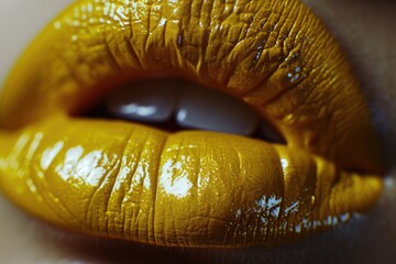 A close-up view of a person's mouth with vibrant yellow lips. This image can be used for various creative projects and beauty-related content