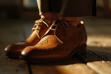 Close-up view of a person's shoes on a wooden floor. Versatile image suitable for various concepts and themes