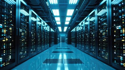 Server racks in computer network security server room data center, Network operating center server room. Generative AI.