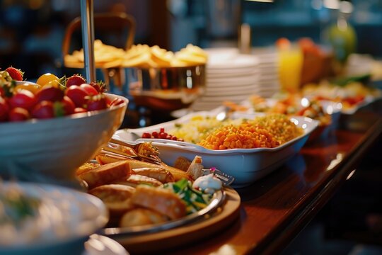 A wooden table adorned with an array of delicious food. Perfect for showcasing a feast or mealtime gathering. Ideal for food blogs, restaurant promotions, or culinary websites