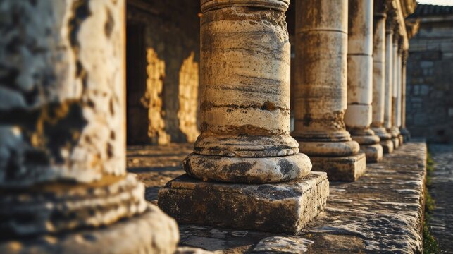 A row of stone pillars lined up next to each other. Can be used to depict strength, stability, or architectural elements in various projects