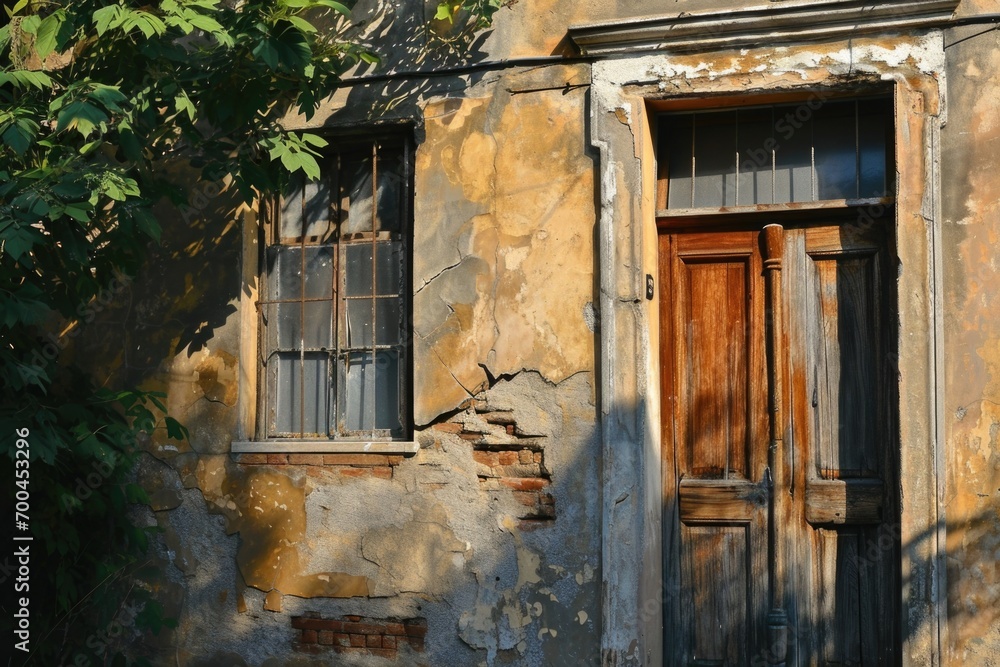 Poster An image of an old building featuring a weathered wooden door and windows. Suitable for architectural or historical projects