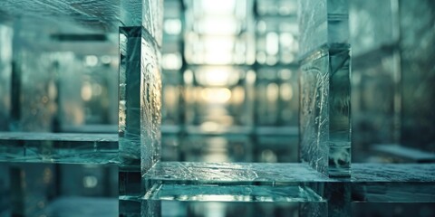 Glass cubes arranged on a table, suitable for various concepts and designs