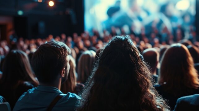 A crowd of people gathered to watch a movie on a large screen. Perfect for capturing the excitement and energy of a movie screening event.