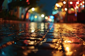 A picture of a wet sidewalk with lights in the background. Perfect for showcasing urban nightlife or rainy city scenes - obrazy, fototapety, plakaty