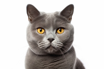 British Shorthair cat close-up portrait on a white background.