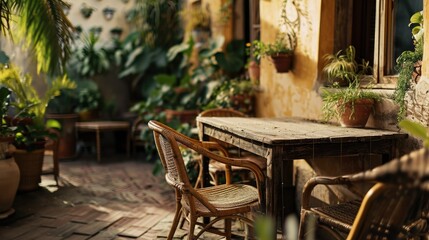 A simple wooden table and chairs set placed in a peaceful courtyard. Perfect for outdoor dining or relaxation