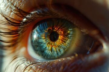 A detailed close-up view of a person's blue eye. This image can be used for various purposes