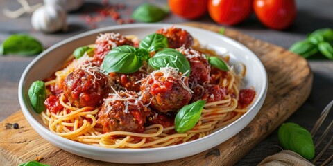 A delicious bowl of spaghetti topped with meatballs and garnished with fresh basil leaves. Perfect for Italian cuisine or food-related designs - obrazy, fototapety, plakaty