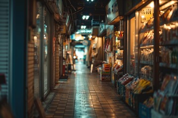 A picture of a long narrow street with a store front. Can be used to depict a bustling city scene or urban life.