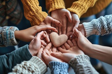 A group of people holding hands around a heart. Can be used to symbolize unity, love, and support