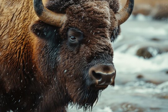 A close-up photograph of a bison in the snow. This image can be used to depict wildlife in winter settings