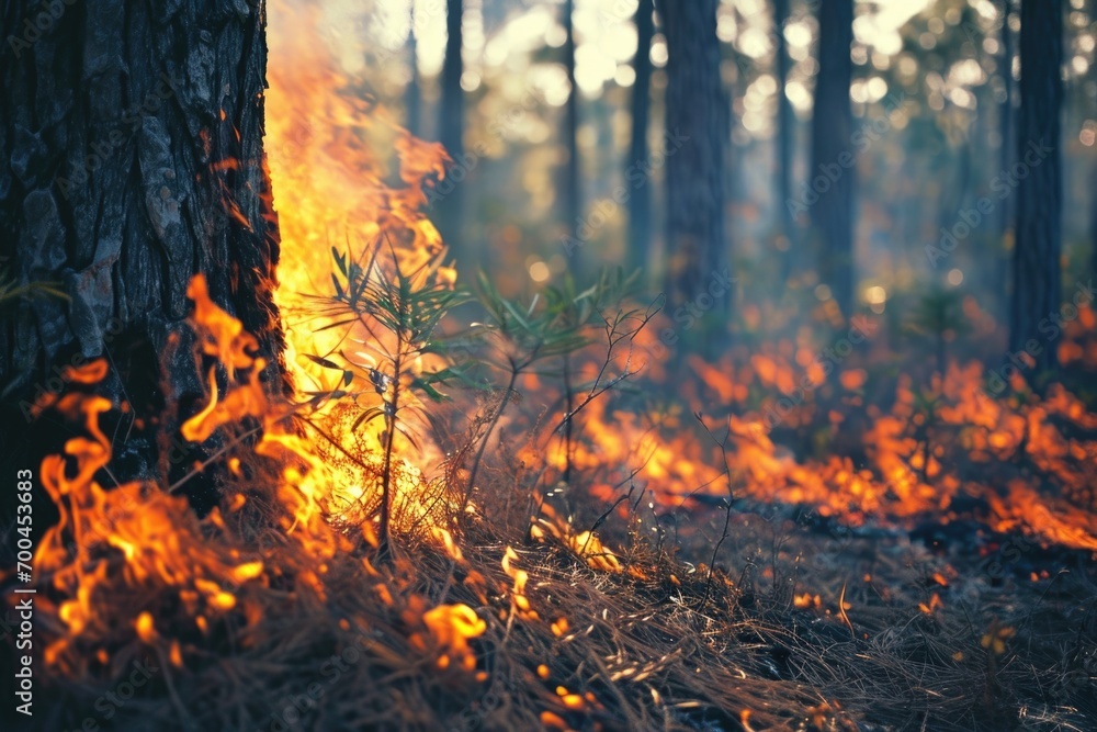 Poster A fire burning in the middle of a forest. This image can be used to depict the destructive force of wildfires and the need for fire safety measures