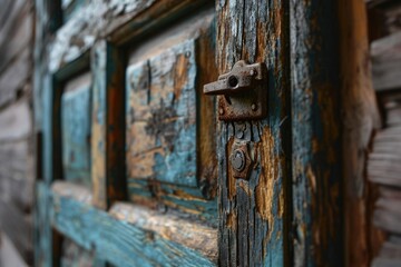 A detailed view of a wooden door with a latch. This image can be used to depict security, entrance, or rustic architecture