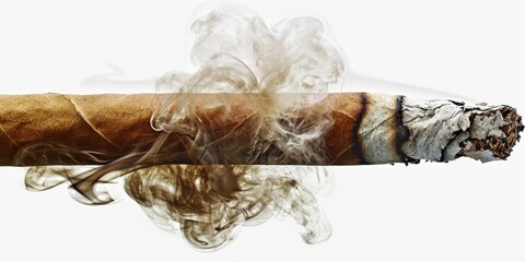 A detailed view of a lit cigar with smoke billowing out. Perfect for illustrating relaxation, luxury, or indulgence.