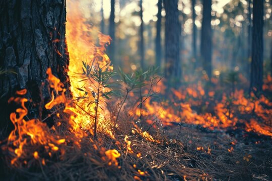 A fire burning in the middle of a forest. This image can be used to depict the destructive force of wildfires and the need for fire safety measures
