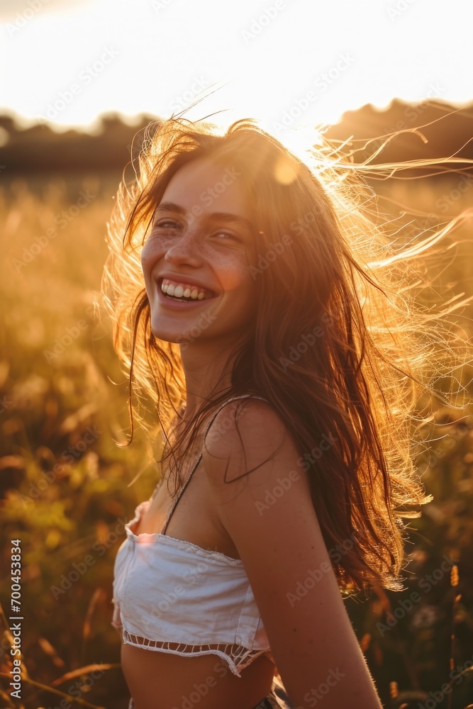 Sticker A woman with long hair standing in a beautiful field. Ideal for nature and outdoor concepts