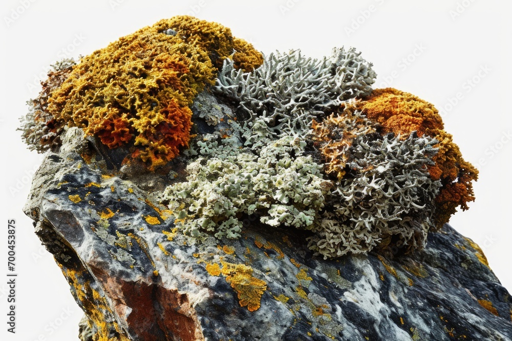 Poster a close-up view of a rock covered in various colored lichens. this image can be used to depict natur